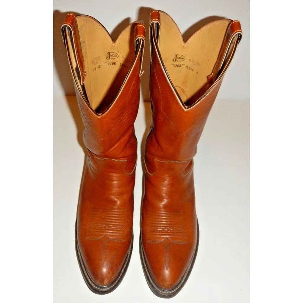 Justin Boots Style 1108 Men's Size 10 Cognac Leather Western Roper Made in USA